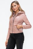 Faux Leather Zip Up Drawstring Hooded Jacket