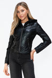 Faux Leather Zip Up Drawstring Hooded Jacket