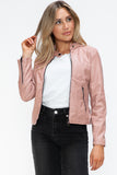 Faux Leather Zip Up Drawstring Hooded Jacket