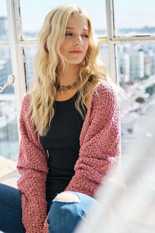 Popcorn Knit Open Front Long Sleeve Cardigan