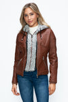 Faux Layered Double-Zipper Jacket with Fuzzy Hood