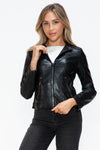 Faux Leather Zip Up Drawstring Hooded Jacket