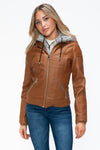 Faux Layered Double-Zipper Jacket with Fuzzy Hood