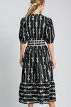 Bow Tie Print Notched Contrast Velvet Trim Midi Dress