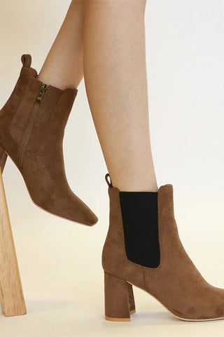 Faux Suede Block Heel Chelsea Boots with Elastic Side Panel