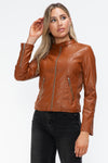 Faux Leather Zip Up Drawstring Hooded Jacket