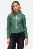 Faux Leather zip-up Drawstring Hooded Jacket