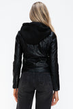 Faux Leather Zip Up Drawstring Hooded Jacket