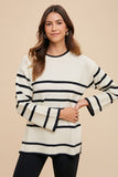 Side Slit Striped Round Neck Sweater