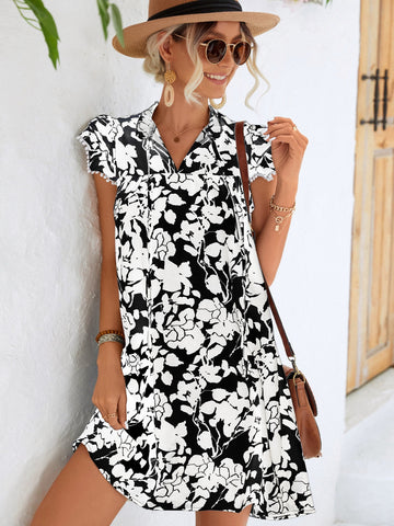 Floral Tie Neck Butterfly Sleeve Dress