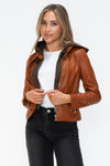 Faux Leather Zip Up Drawstring Hooded Jacket