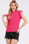 Texture Mock Neck Ruffle Cap Sleeve Blouse