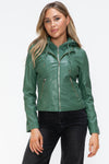 Faux Leather zip-up Drawstring Hooded Jacket