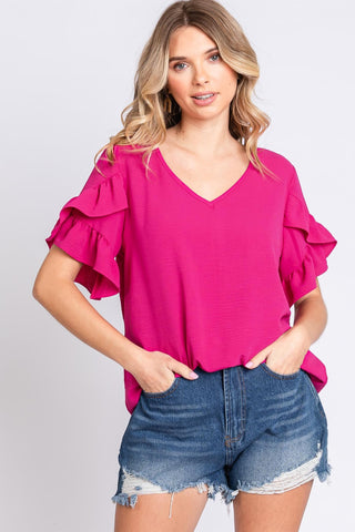 V-Neck Ruffle Trim Short Sleeve Blouse