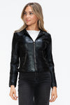 Faux Leather Zip Up Drawstring Hooded Jacket