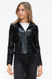 Faux Leather Zip Up Drawstring Hooded Jacket