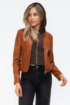 Faux Leather Zip Up Drawstring Hooded Jacket