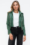 Faux Leather zip-up Drawstring Hooded Jacket