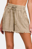 Washed Linen Frayed Hem Drawstring Shorts