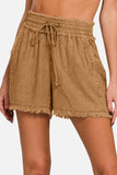 Washed Linen Frayed Hem Drawstring Shorts