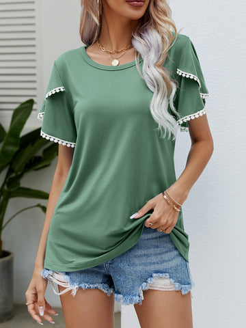 Pom-Pom Trim Flutter Sleeve Round Neck T-Shirt