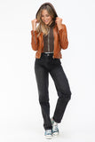 Faux Leather Zip Up Drawstring Hooded Jacket