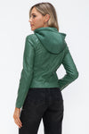 Faux Leather zip-up Drawstring Hooded Jacket