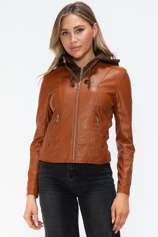 Faux Leather Zip Up Drawstring Hooded Jacket