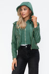 Faux Leather zip-up Drawstring Hooded Jacket