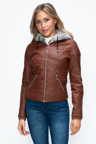 Faux Layered Double-Zipper Jacket with Fuzzy Hood