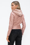 Faux Leather Zip Up Drawstring Hooded Jacket