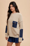 Contrast Round Neck Drop Shoulder Sweater with Patch Pocket