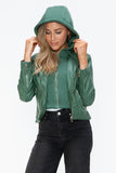 Faux Leather zip-up Drawstring Hooded Jacket