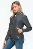 Faux Leather Biker Jacket with Side Zip Pockets