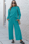 Textured Long Sleeve Top and Drawstring Pants Set