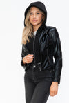 Faux Leather Zip Up Drawstring Hooded Jacket