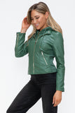 Faux Leather zip-up Drawstring Hooded Jacket