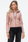 Faux Leather Zip Up Drawstring Hooded Jacket