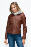 Faux Layered Double-Zipper Jacket with Fuzzy Hood