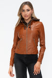 Faux Leather Zip Up Drawstring Hooded Jacket