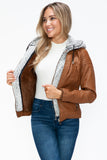 Faux Layered Double-Zipper Jacket with Fuzzy Hood