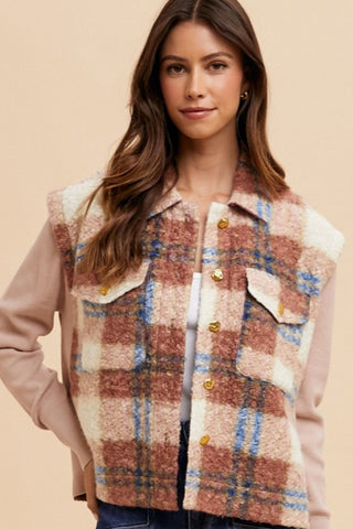 Faux Fur Plaid Button Up Jacket