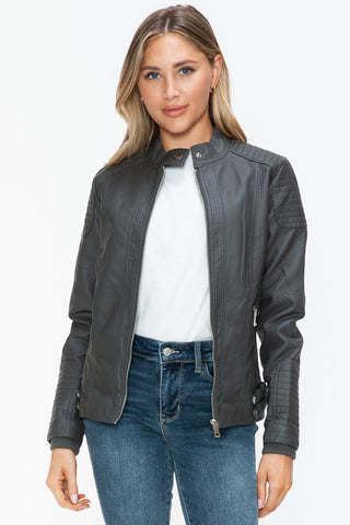 Faux Leather Biker Jacket with Side Zip Pockets