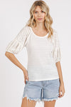 Mixed Media Textured Knit Popcorn Puff Sleeve Blouse