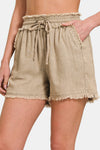 Washed Linen Frayed Hem Drawstring Shorts