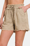 Washed Linen Frayed Hem Drawstring Shorts