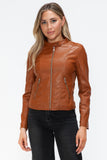 Faux Leather Zip Up Drawstring Hooded Jacket