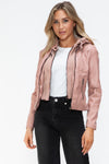 Faux Leather Zip Up Drawstring Hooded Jacket