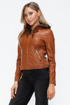 Faux Leather Zip Up Drawstring Hooded Jacket