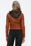 Faux Leather Zip Up Drawstring Hooded Jacket